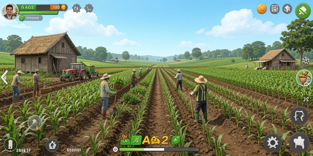 Screenshot gameplay AA62 menampilkan suasana peternakan yang indah dan aktif.