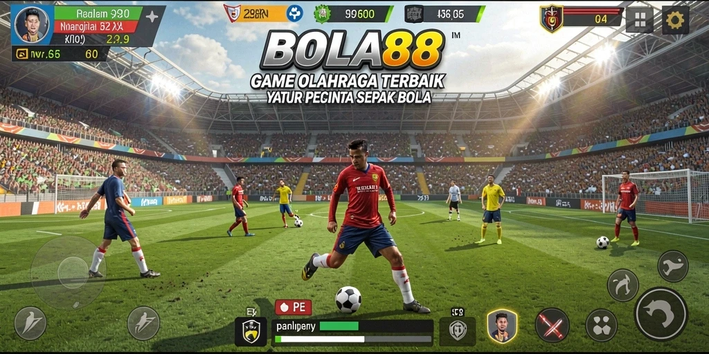Screenshot gameplay BOLA88 menampilkan aksi seru di lapangan sepak bola.