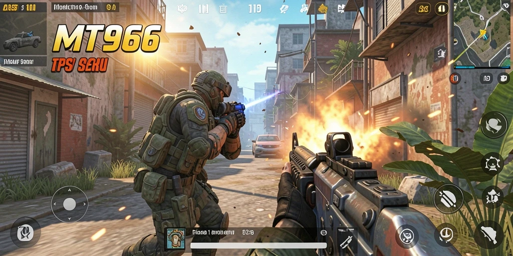 Screenshot utama MT966 menampilkan aksi intens gameplay TPS.