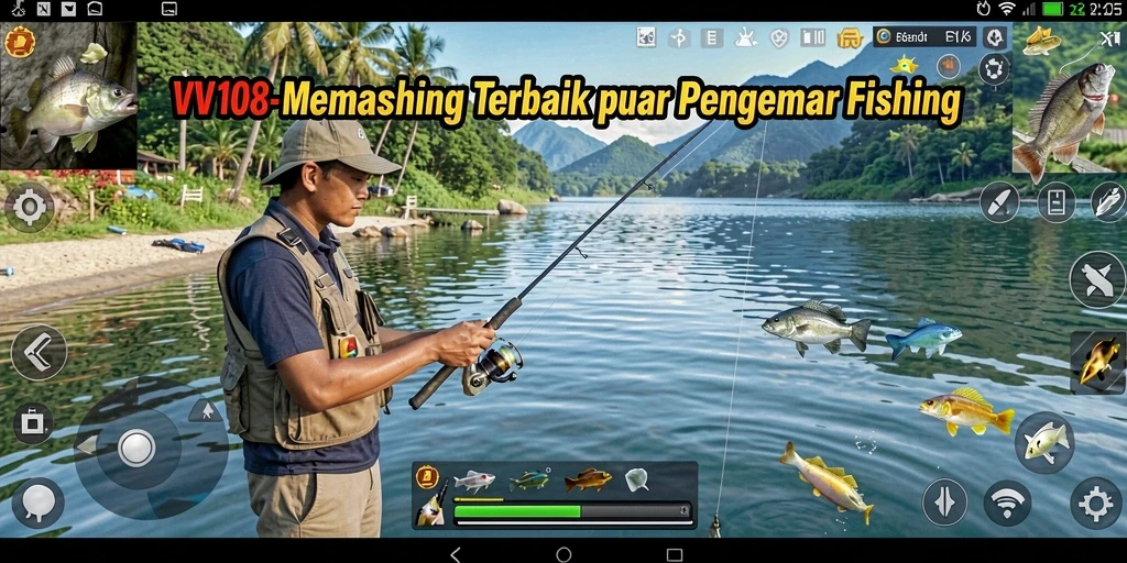 Screenshot gameplay VW108 menunjukkan aksi memancing yang mendebarkan.